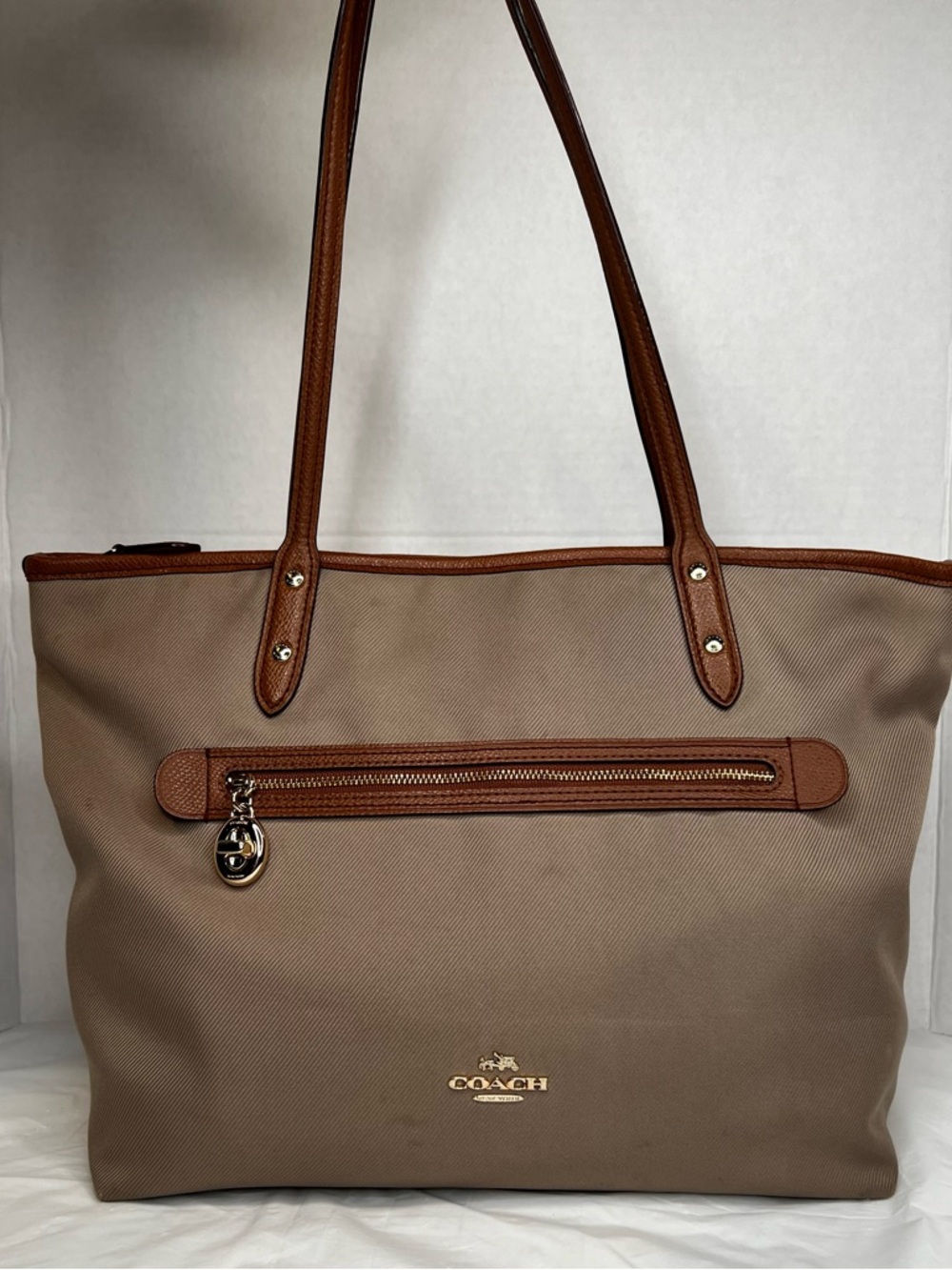 Coach Taupe Canvas Tote with Brown Leather Trim